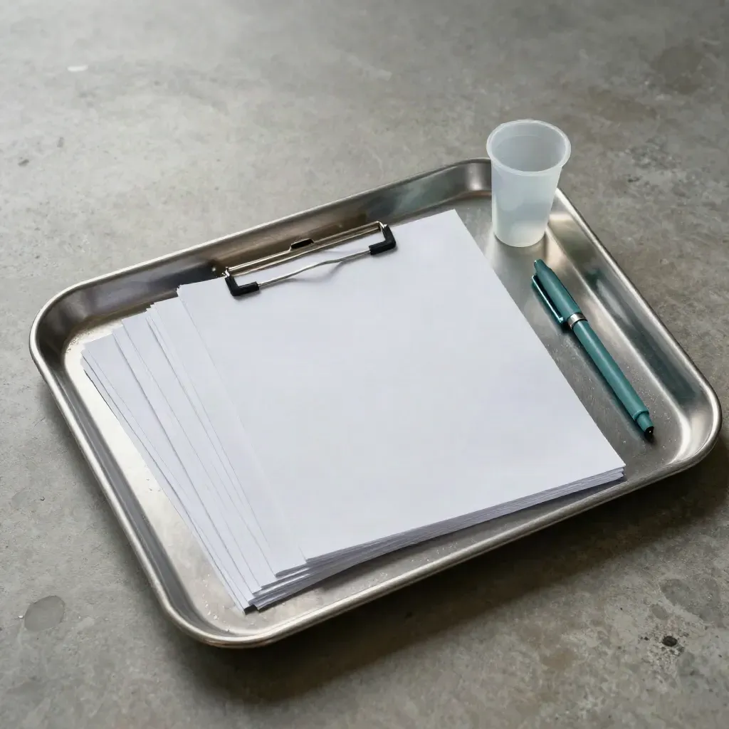 Hospital admissions tray with chart sleeves, clipboard, and pen cup on cool concrete.