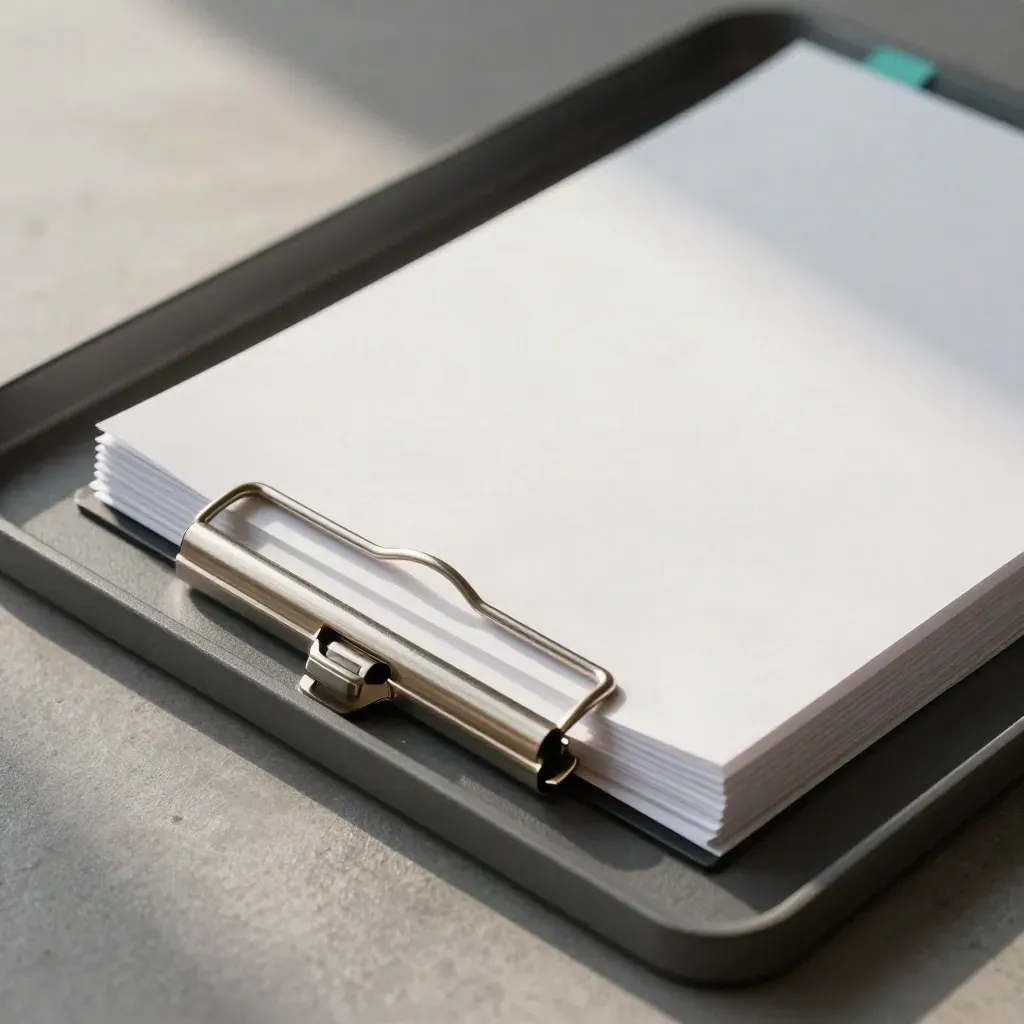 Clipboard, blank forms, binder clips, and document tray in a tight macro still life.