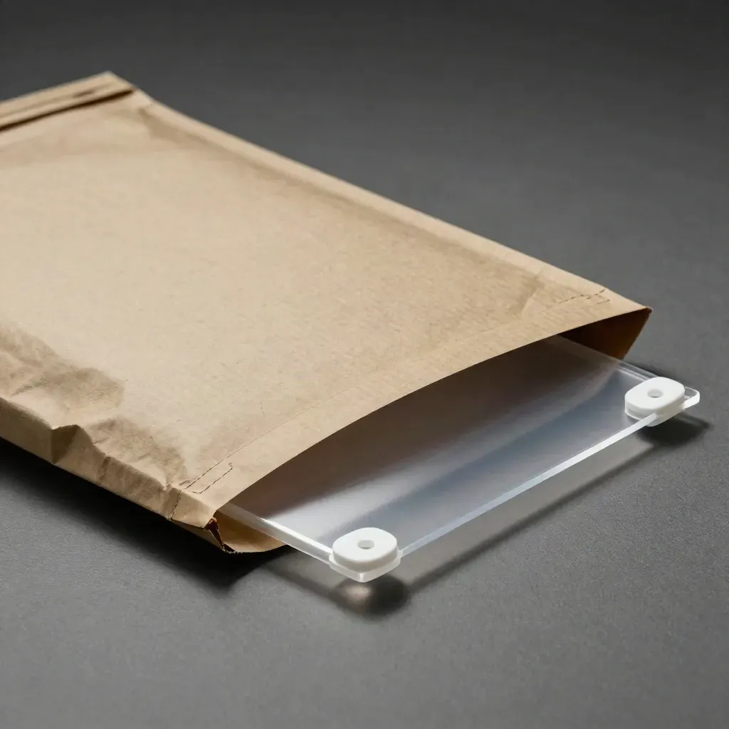 Padded mailer with clear file sleeve and corner protectors on a matte graphite surface.