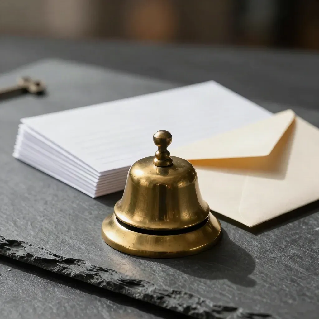 Brass desk bell tipping against a sealed envelope and stacked cards on dark graphite stone.