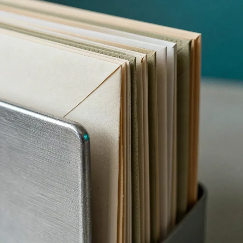 Macro still life of archival sleeves, padded envelopes, and a brushed metal file box corner